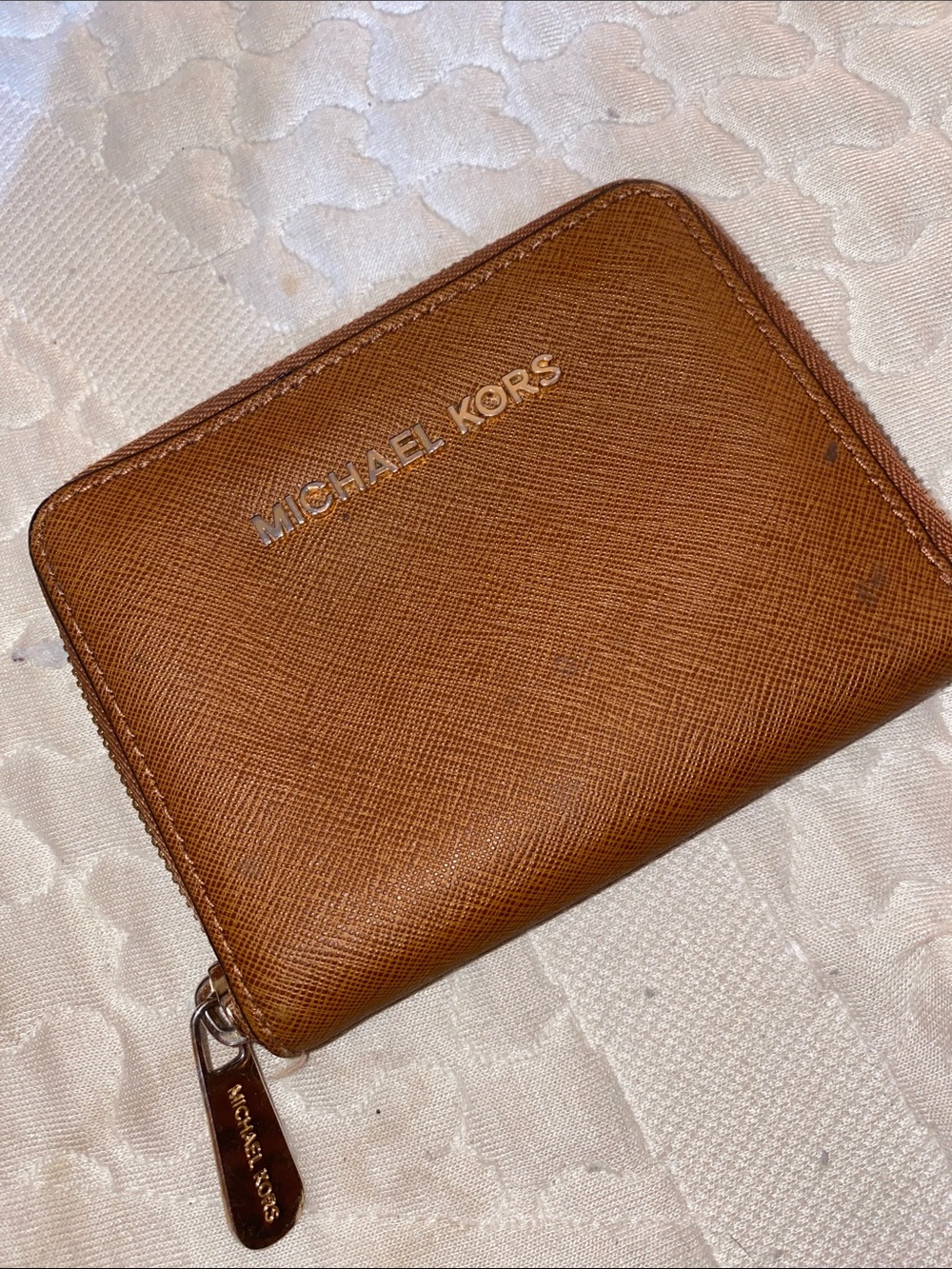 Michael Kors Cognac Saffiano Zip Wallet with Gold Logo